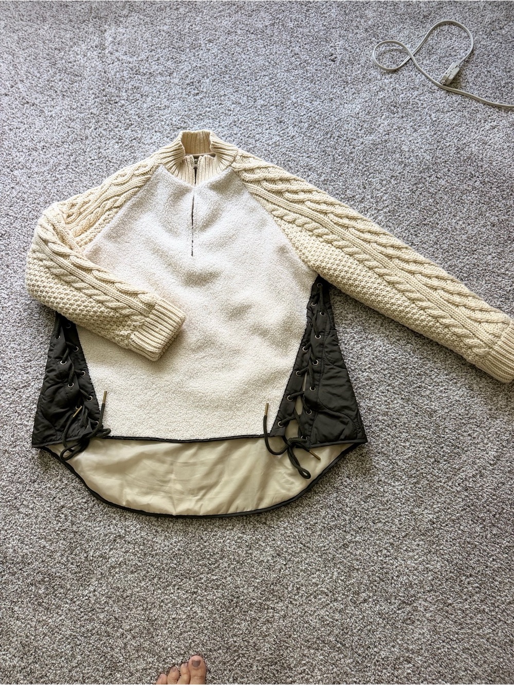 Cream Cable-Sleeve Half-Zip Turtleneck Sweater